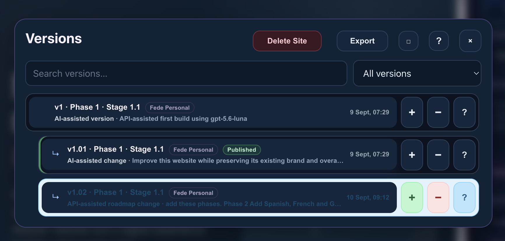 Zurro Studio Version Explorer showing project history