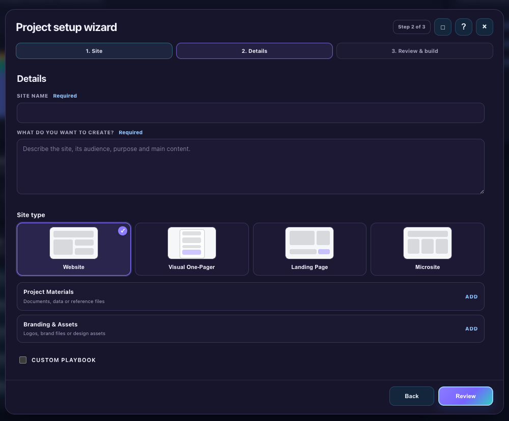 Zurro Project Setup Wizard showing project details and materials