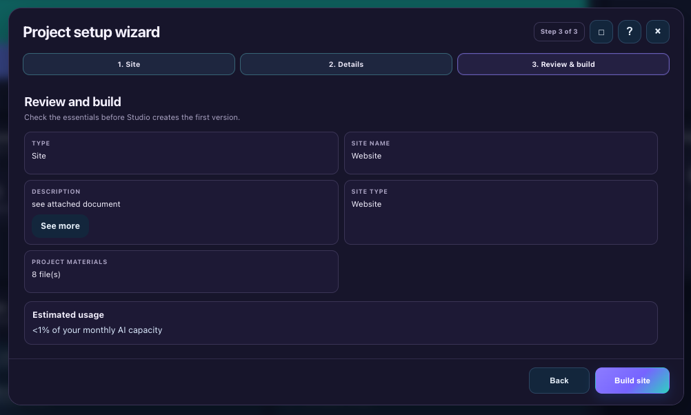 Zurro Project Setup Wizard showing review and First Version